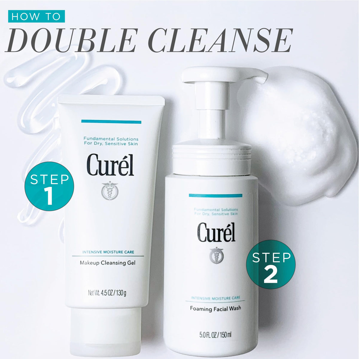 Curel bottle paired with foaming face wash for double cleansing