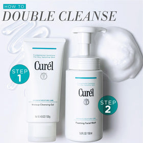 Curel bottle paired with foaming face wash for double cleansing