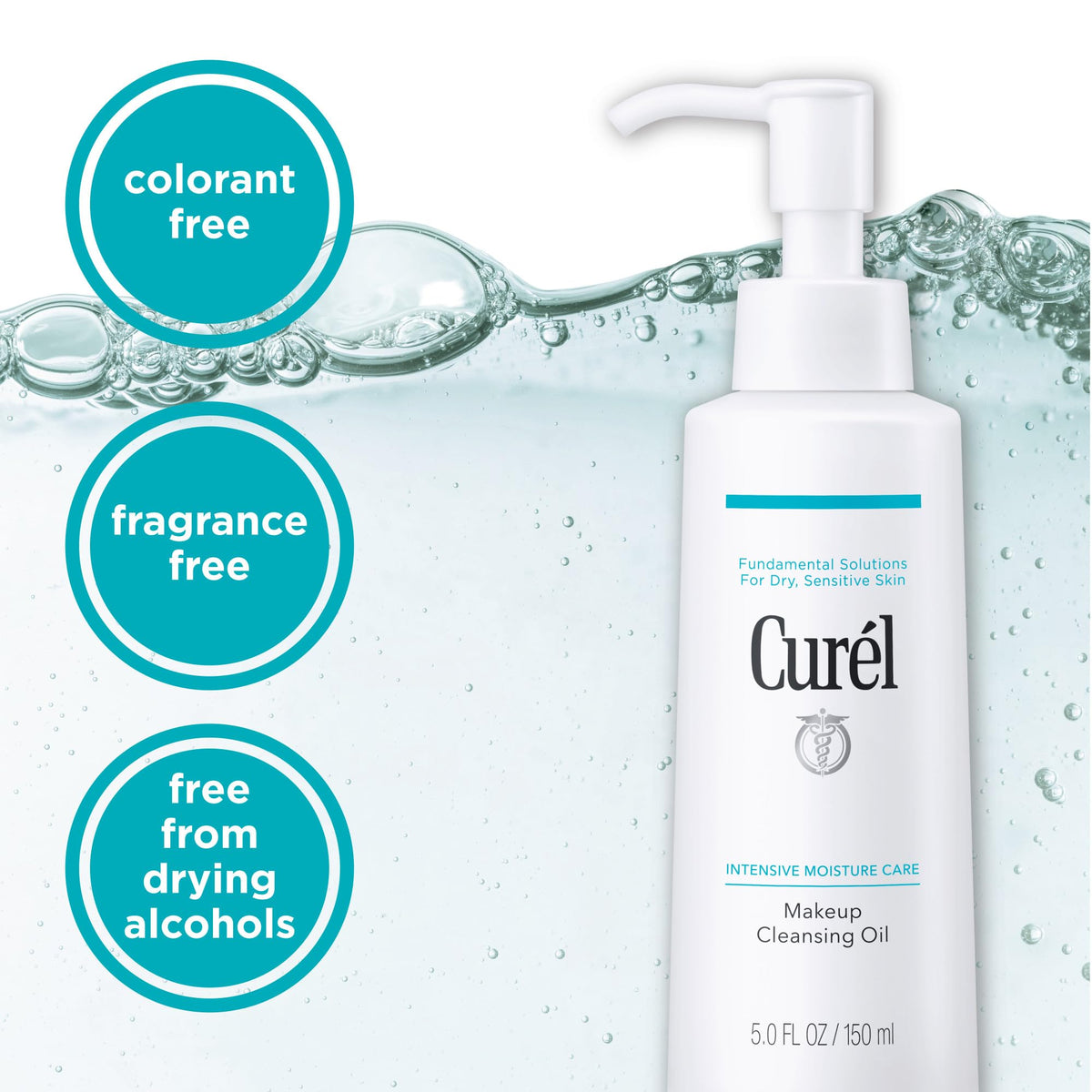Curel cleansing oil turning milky on contact with water, demonstrates easy rinse-off