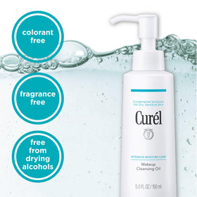 Curel cleansing oil turning milky on contact with water, demonstrates easy rinse-off