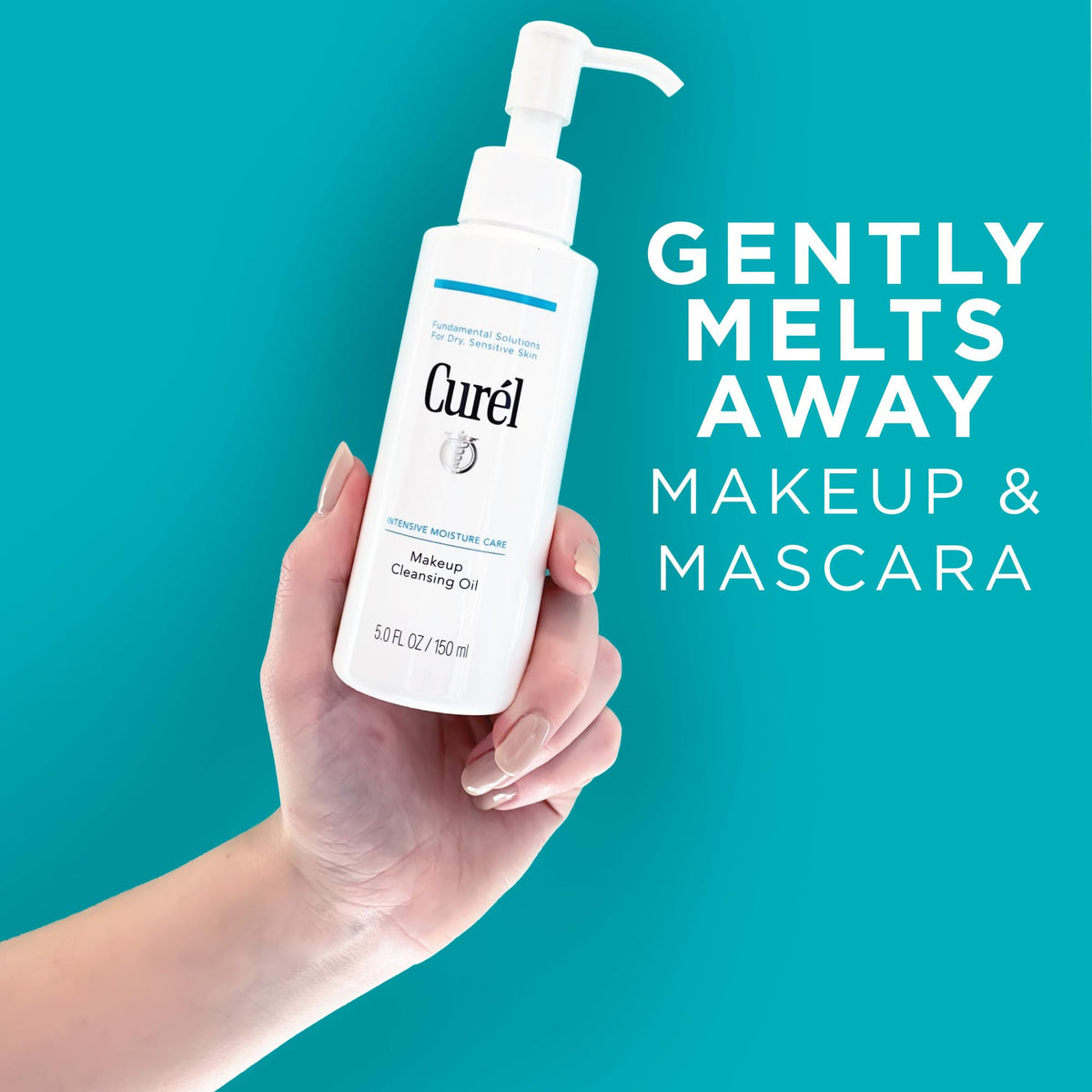 Curel cleansing oil pump dispenser close-up highlighting easy, mess-free dosing