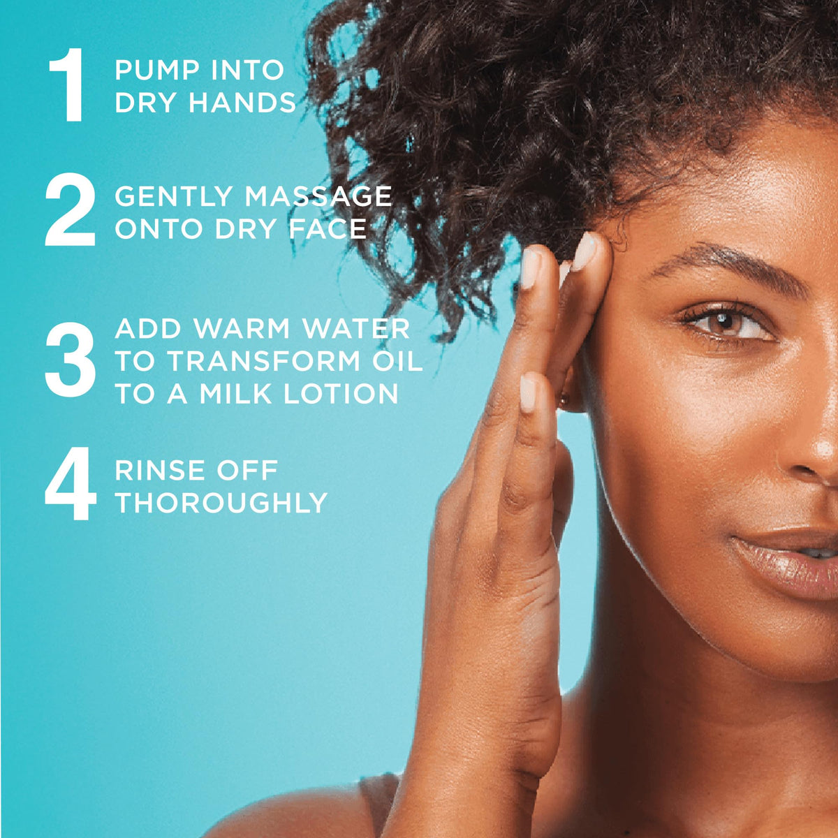Person massaging Curel cleansing oil on face, removes waterproof makeup gently