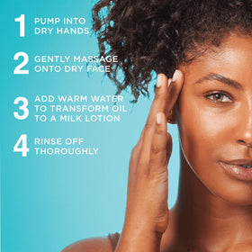 Person massaging Curel cleansing oil on face, removes waterproof makeup gently