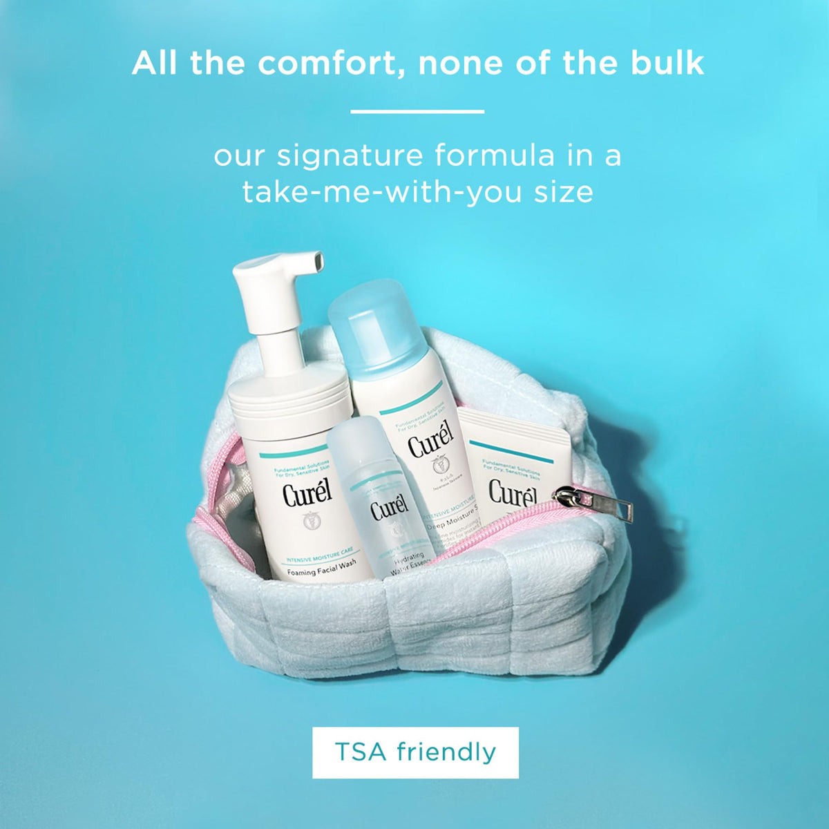 Curel size comparison beside sunscreen showing compact travel weight