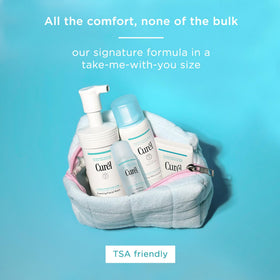 Curel size comparison beside sunscreen showing compact travel weight