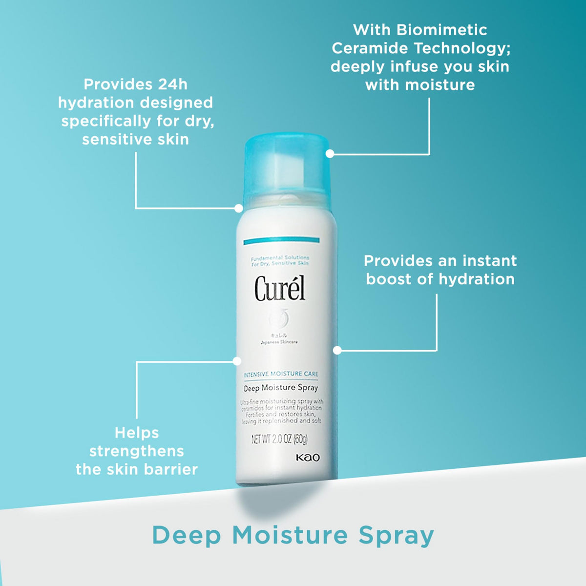 Curel spray being applied to face to refresh makeup and hydrate