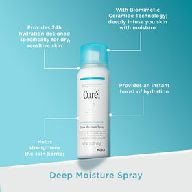 Curel spray being applied to face to refresh makeup and hydrate