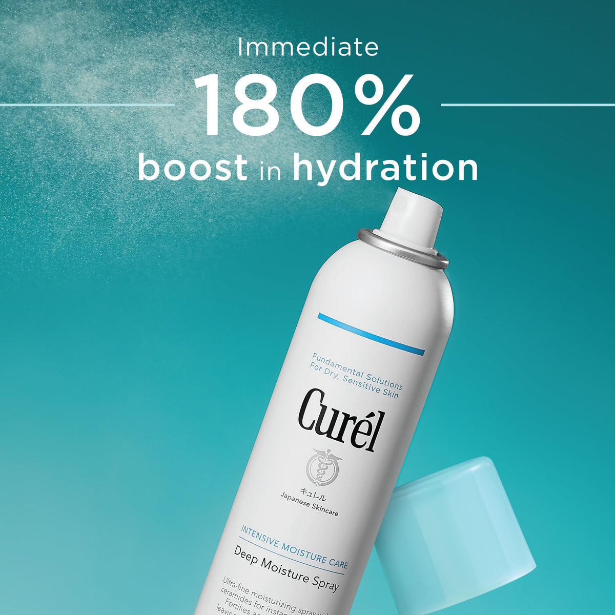 Curel spray being applied to face showing quick hydration boost