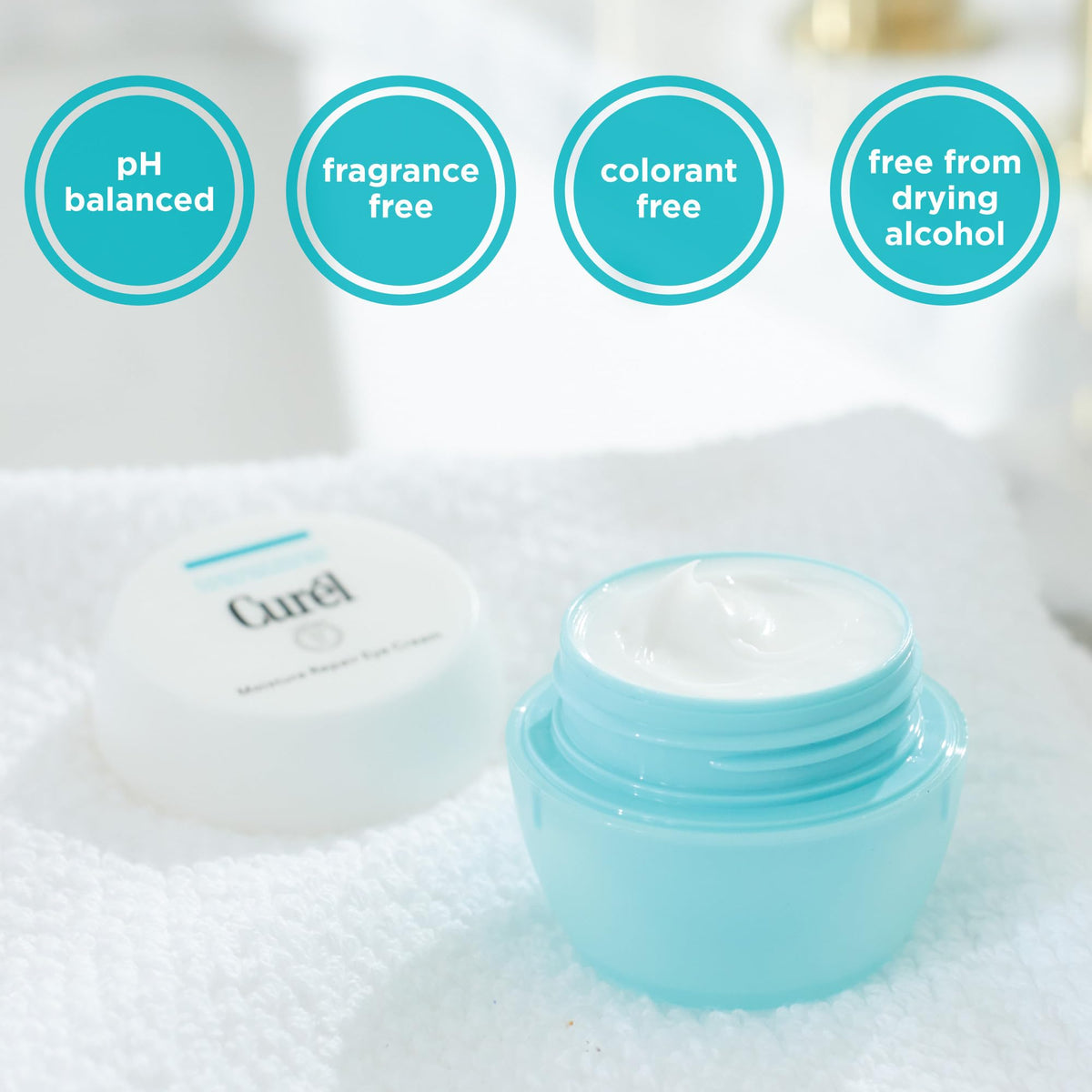 Curel close-up of dispenser and cap, shows precise application control benefit