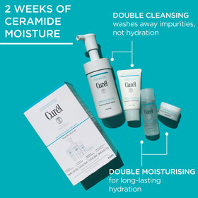 Curel foaming facial wash lather close-up illustrating mild, effective cleansing