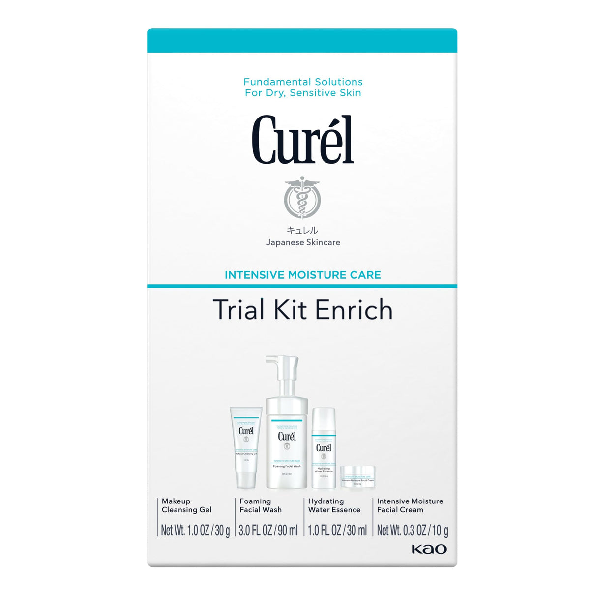 Curel travel kit front packaging showing compact four-piece set and convenience