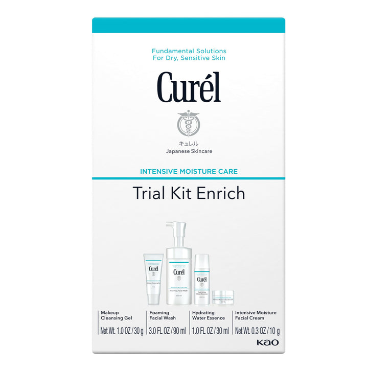 Curel travel kit front packaging showing compact four-piece set and convenience