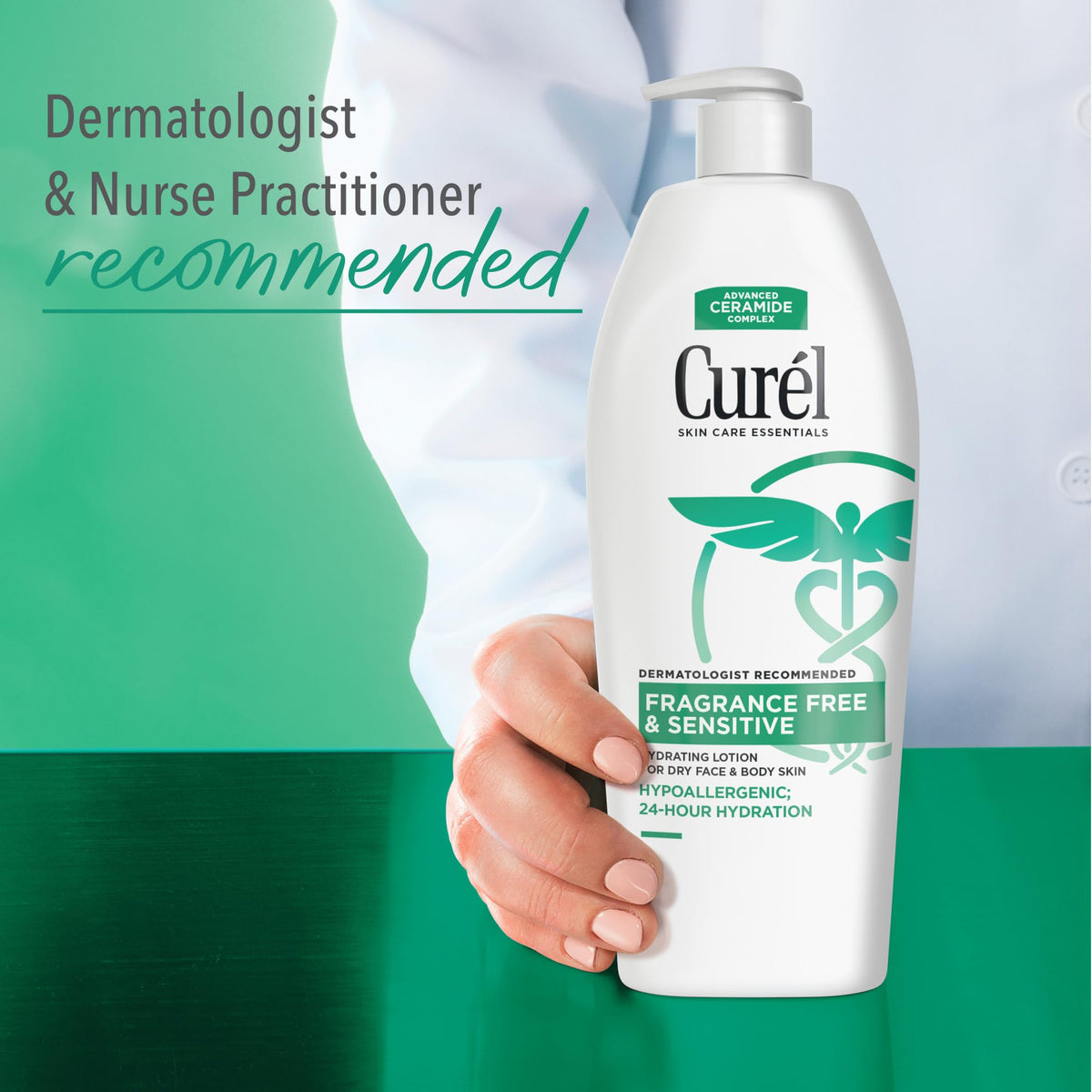 Curel hand moisturizing at sink demonstrating non-greasy benefit
