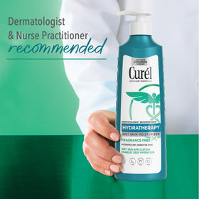 Curel applied to damp skin in shower highlighting immediate moisturization