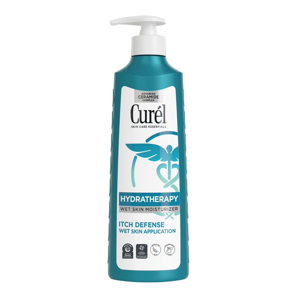 Curel hydra therapy front packaging shows product and benefits for fast application