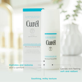 Curel pump dispensing facial milk, precise portioning for sensitive skin