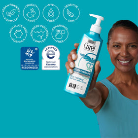Curel texture lotion on hand demonstrating lightweight fast-absorbing formula