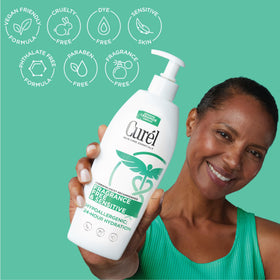 Curel lotion texture swipe illustrating fast-absorbing, non-greasy feel