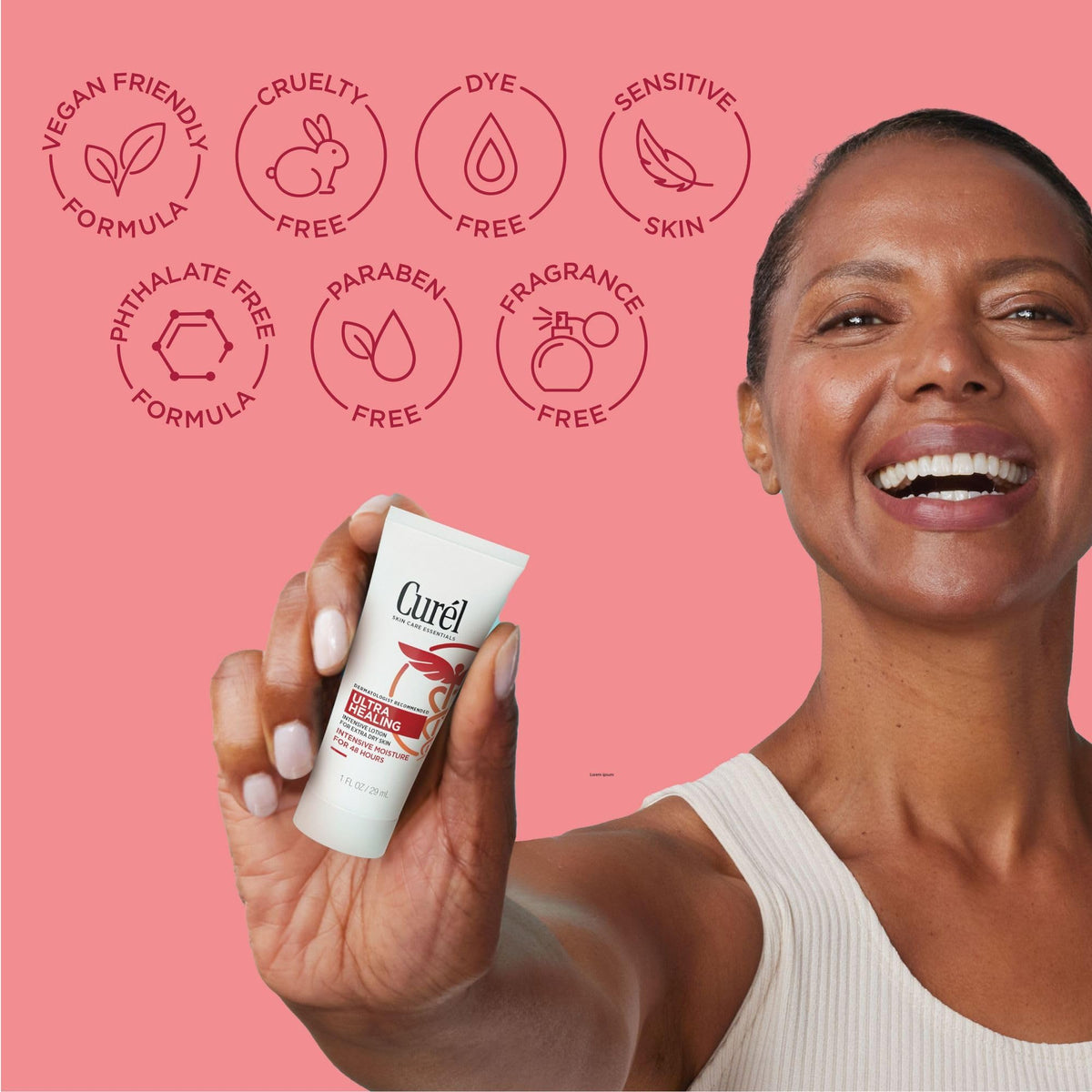 Curel 1 oz tube next to a hand for size and portability benefit