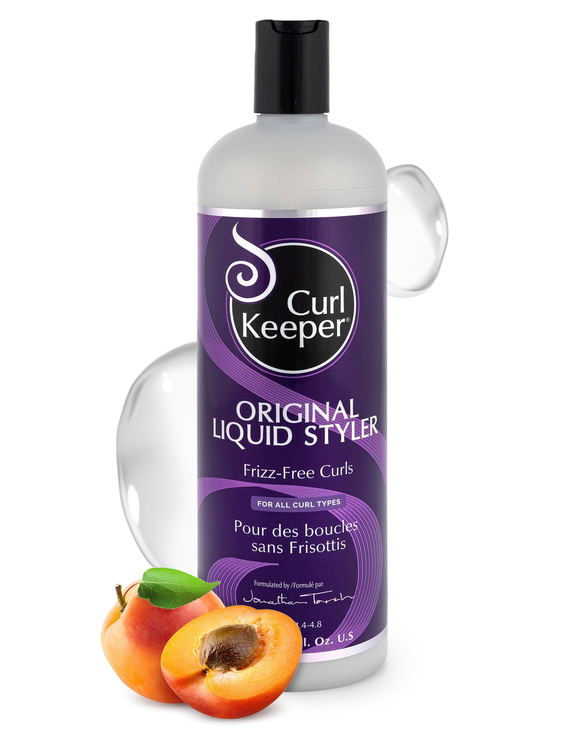 Curl Keeper front pump bottle showing 33.8 oz size and easy dispensing benefit