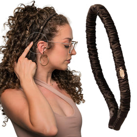 Curlfriend Collective front view showing espresso silk band and elegant finish benefit: protects hair