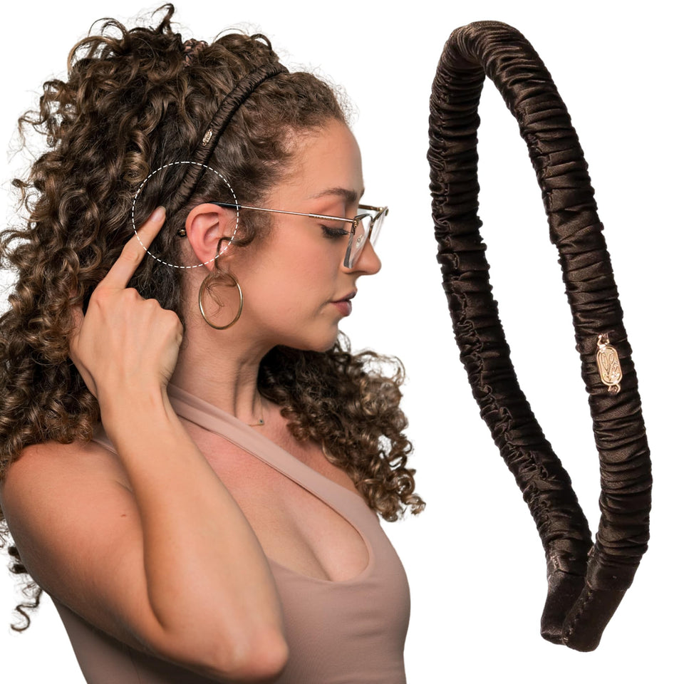 Curlfriend Collective front view showing espresso silk band and elegant finish benefit: protects hair