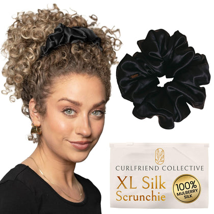 Curlfriend Collective front packaging of black XL silk scrunchie, elegant protective hold