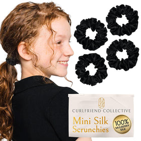 Curlfriend Collective front packaging onyx black showing four silk scrunchies, elegant protection