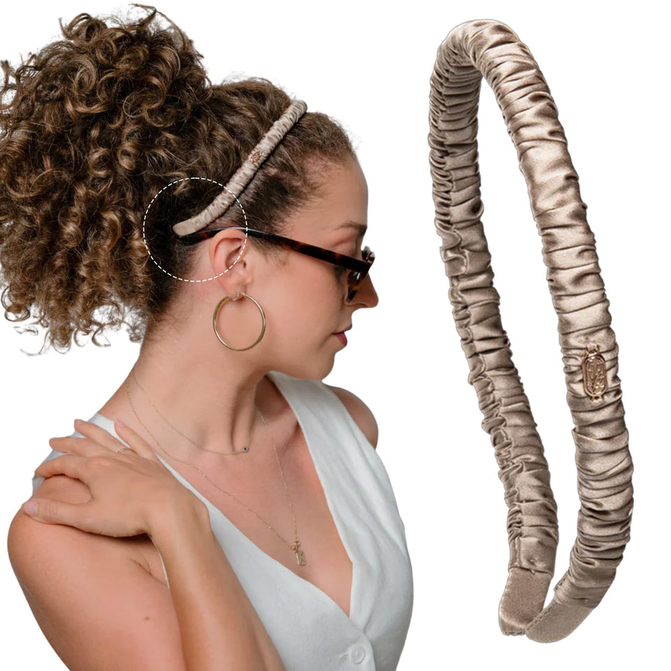 Curlfriend Collective front view of headband showing chic gray silk and wide fit benefit
