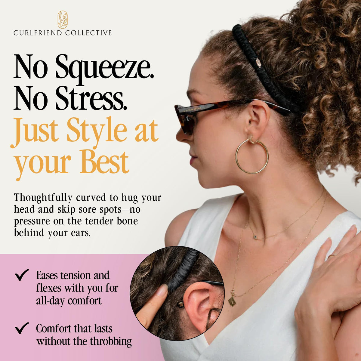 Curlfriend Collective headband on model demonstrating comfort and flattering fit