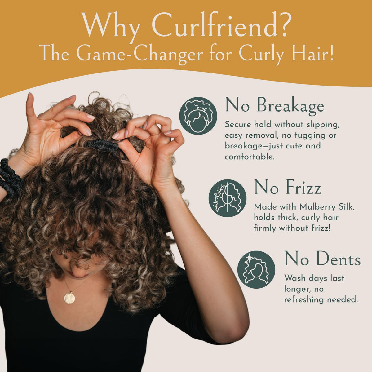 Curlfriend Collective scrunchie on pillow to show sleep-friendly, anti-frizz benefit