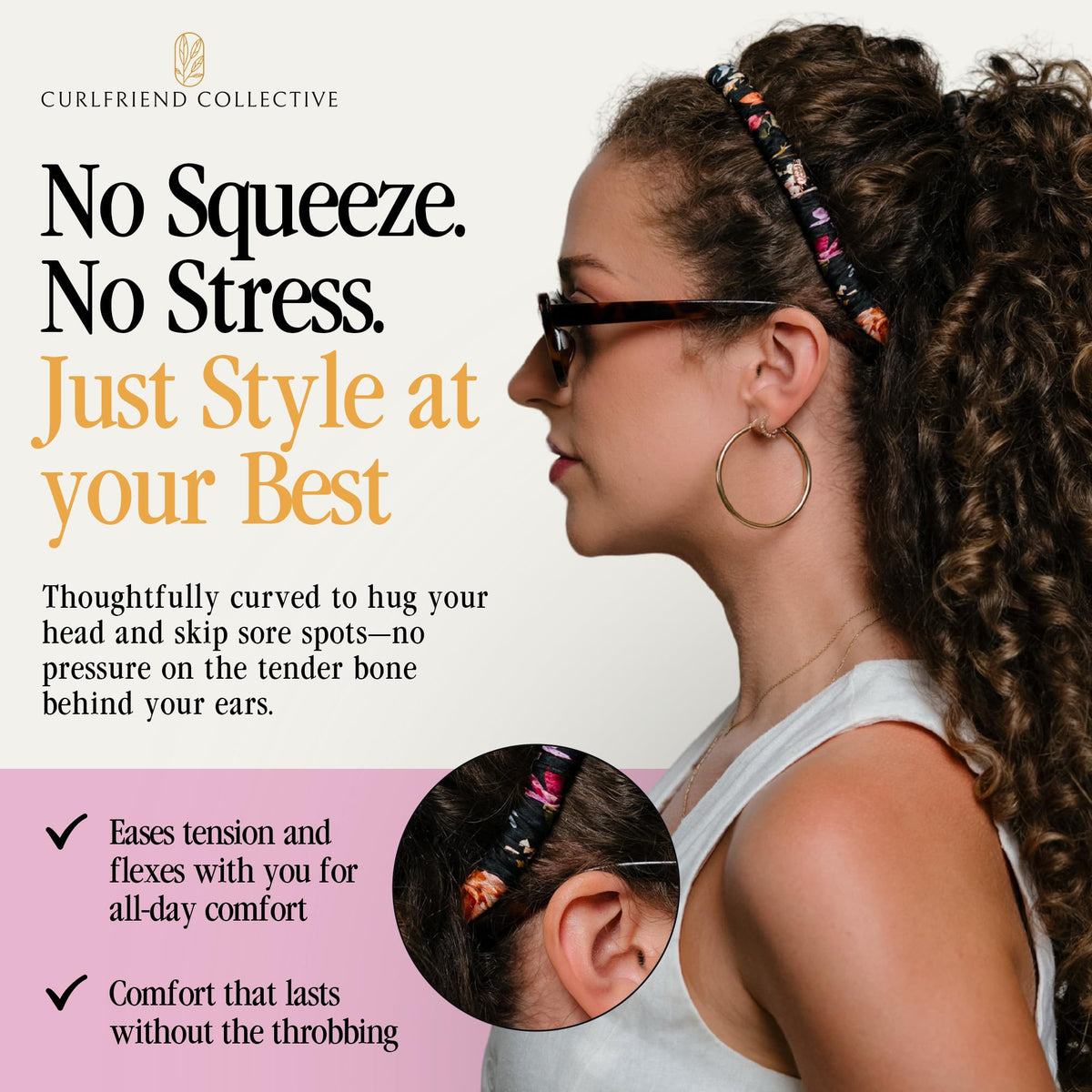 Curlfriend Collective headband worn with glasses showing no-slip, comfortable fit benefit