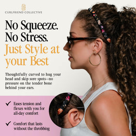 Curlfriend Collective headband worn with glasses showing no-slip, comfortable fit benefit