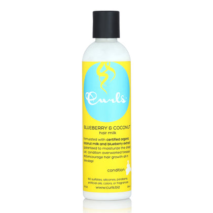 Curls bottle front view showing Blueberry Bliss label and product benefits