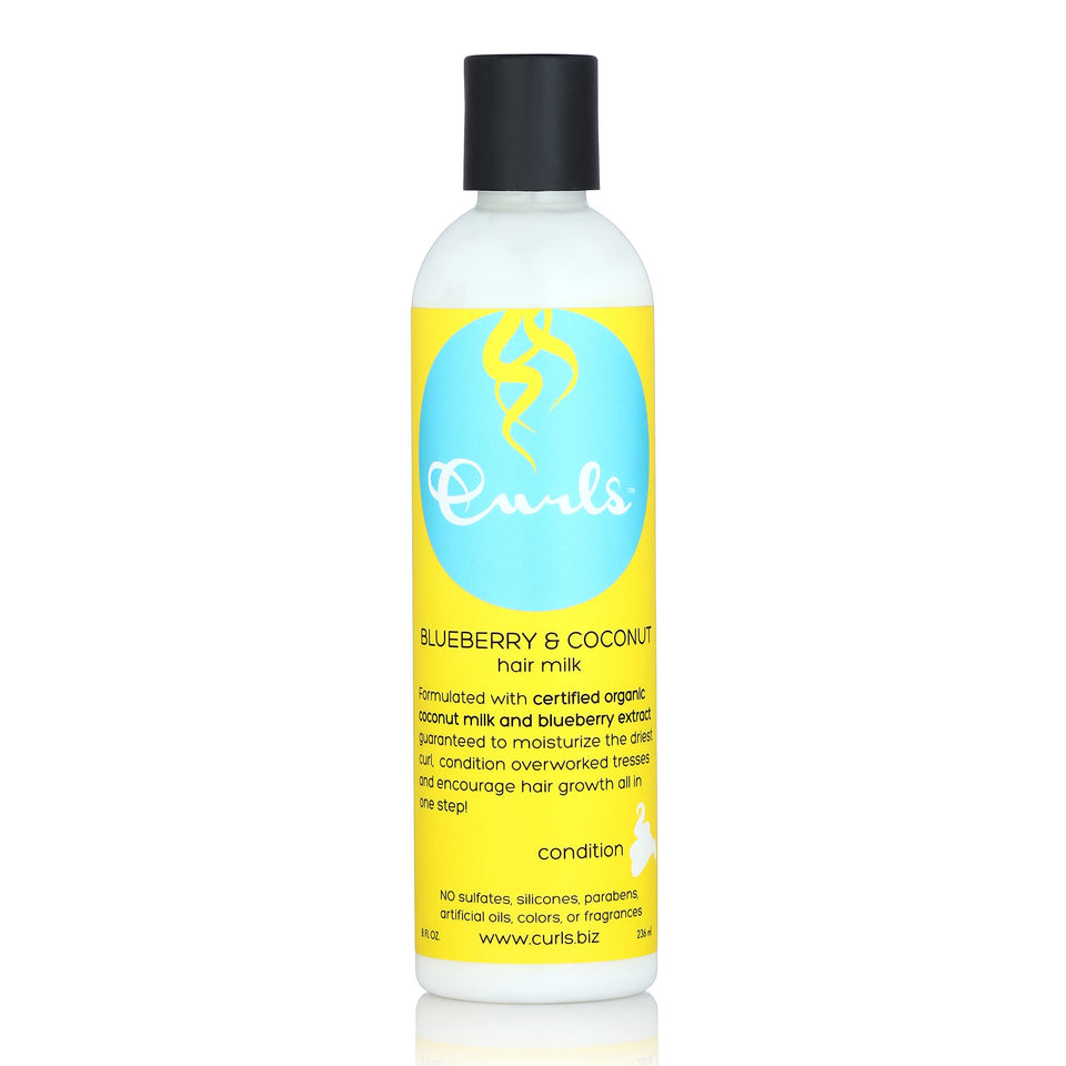 Curls bottle front view showing Blueberry Bliss label and product benefits