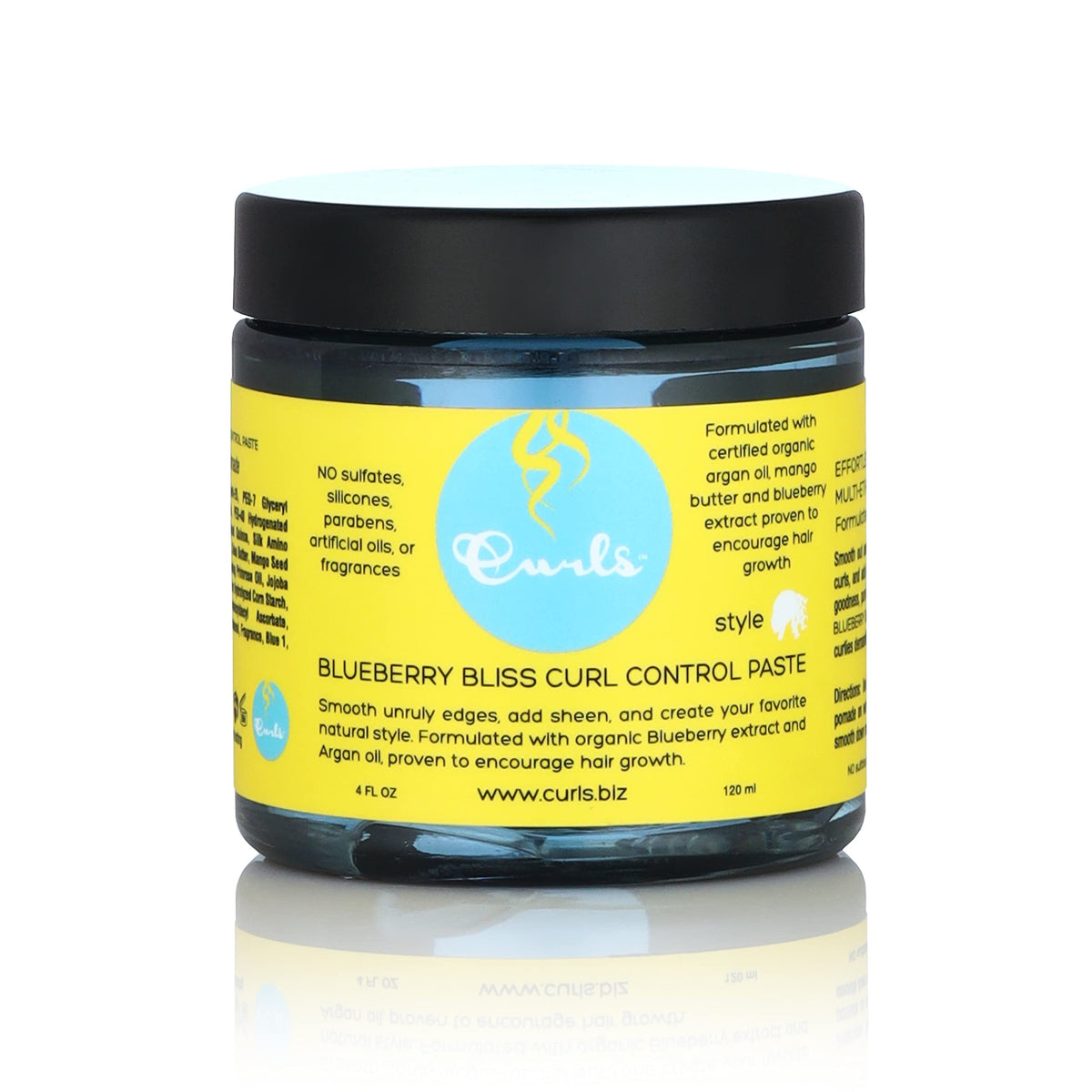 Curls Blueberry Bliss jar front view showing label and size for easy identification