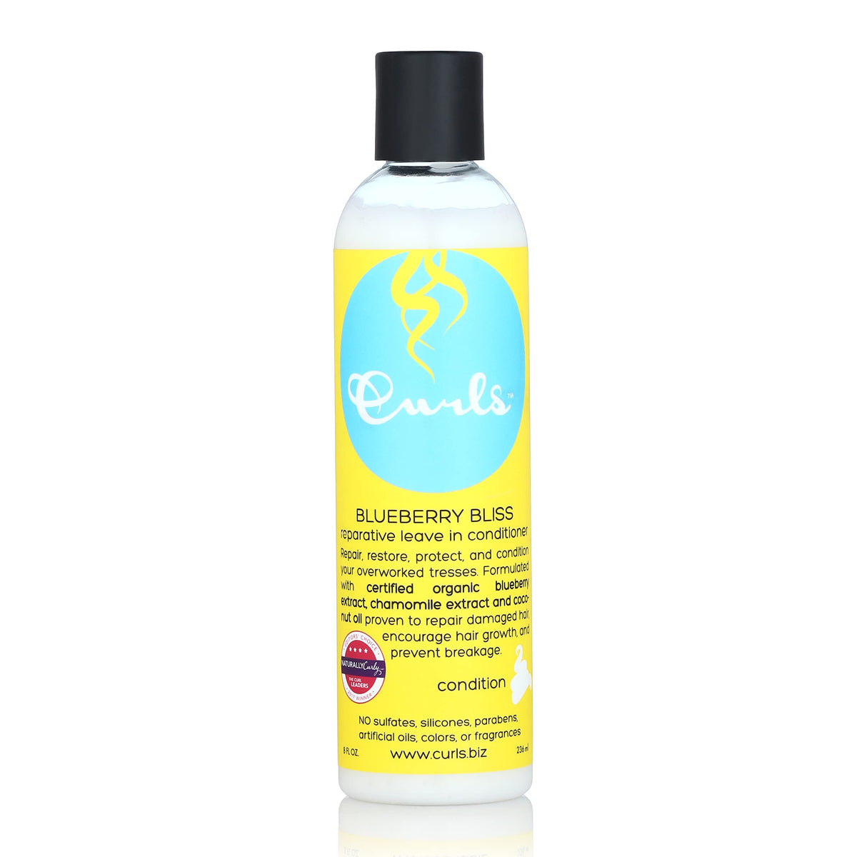 Curls Blueberry Bliss front packaging showing bottle and branding benefits
