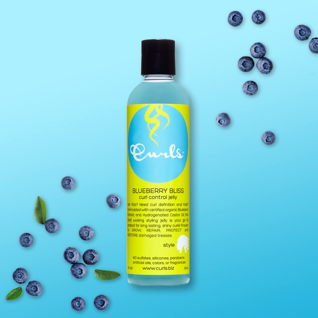 Curls Blueberry Bliss ingredient label displaying blueberry, argan, and aloe benefits