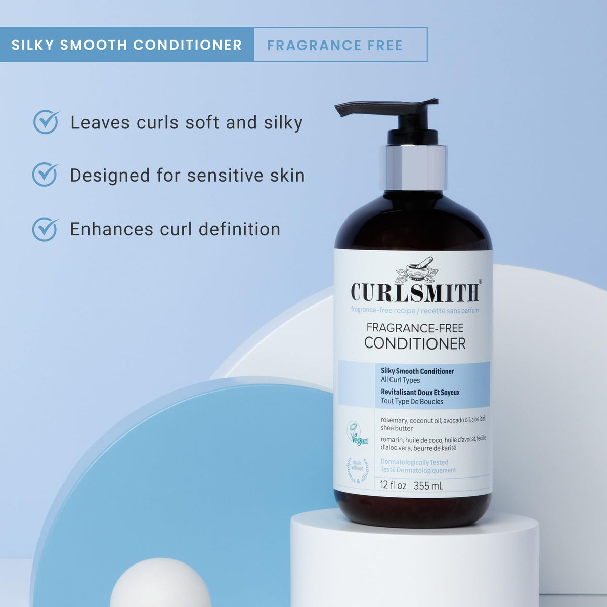 CURLSMITH after-use defined silky curls demonstrating shine and softness benefit