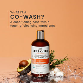 CURLSMITH applying co-wash to wet curly hair for easy cleansing and slip