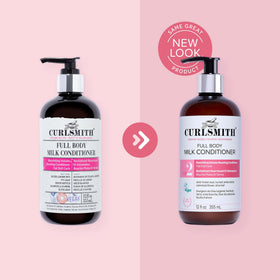 CURLSMITH bottle in hand illustrating 12 oz scale and travel-friendly benefit