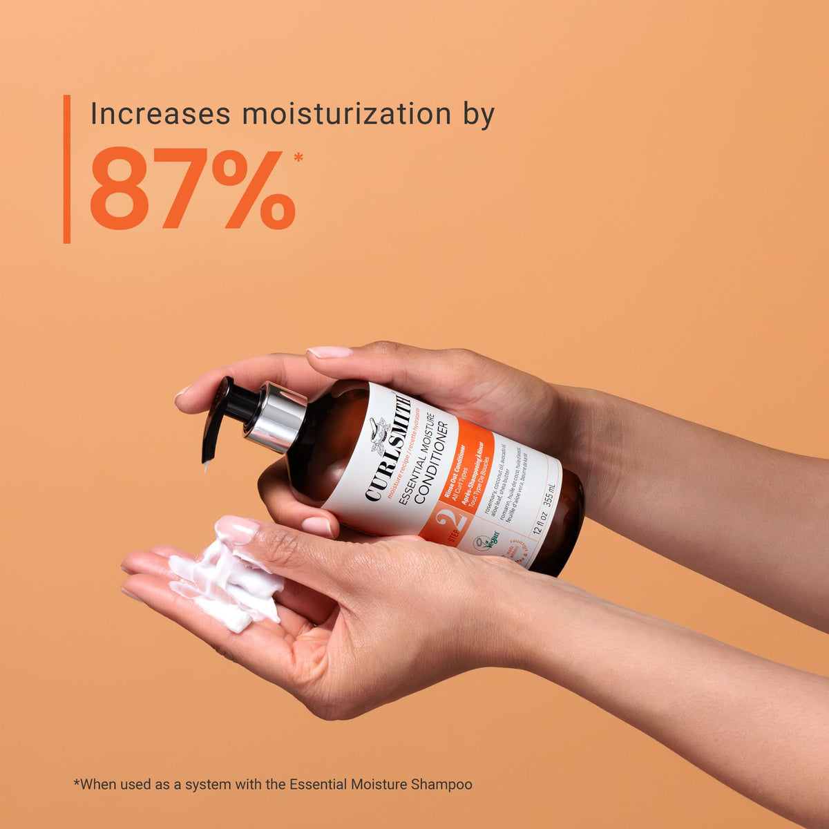 CURLSMITH 3 oz bottle in hand to show travel-friendly size benefit
