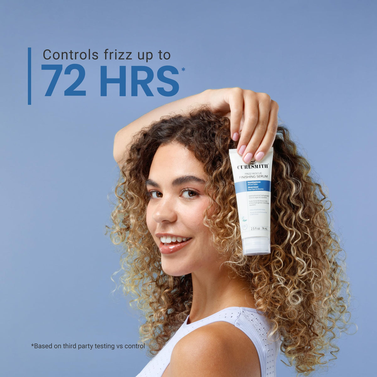 CURLSMITH serum applied to hair ends showing visible frizz control and added shine