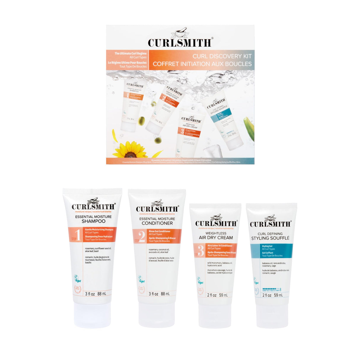 Curlsmith front packaging of discovery kit showing complete travel set benefits