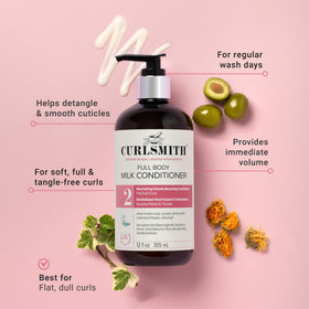 CURLSMITH conditioner texture pouring, demonstrating lightweight slip and moisturization