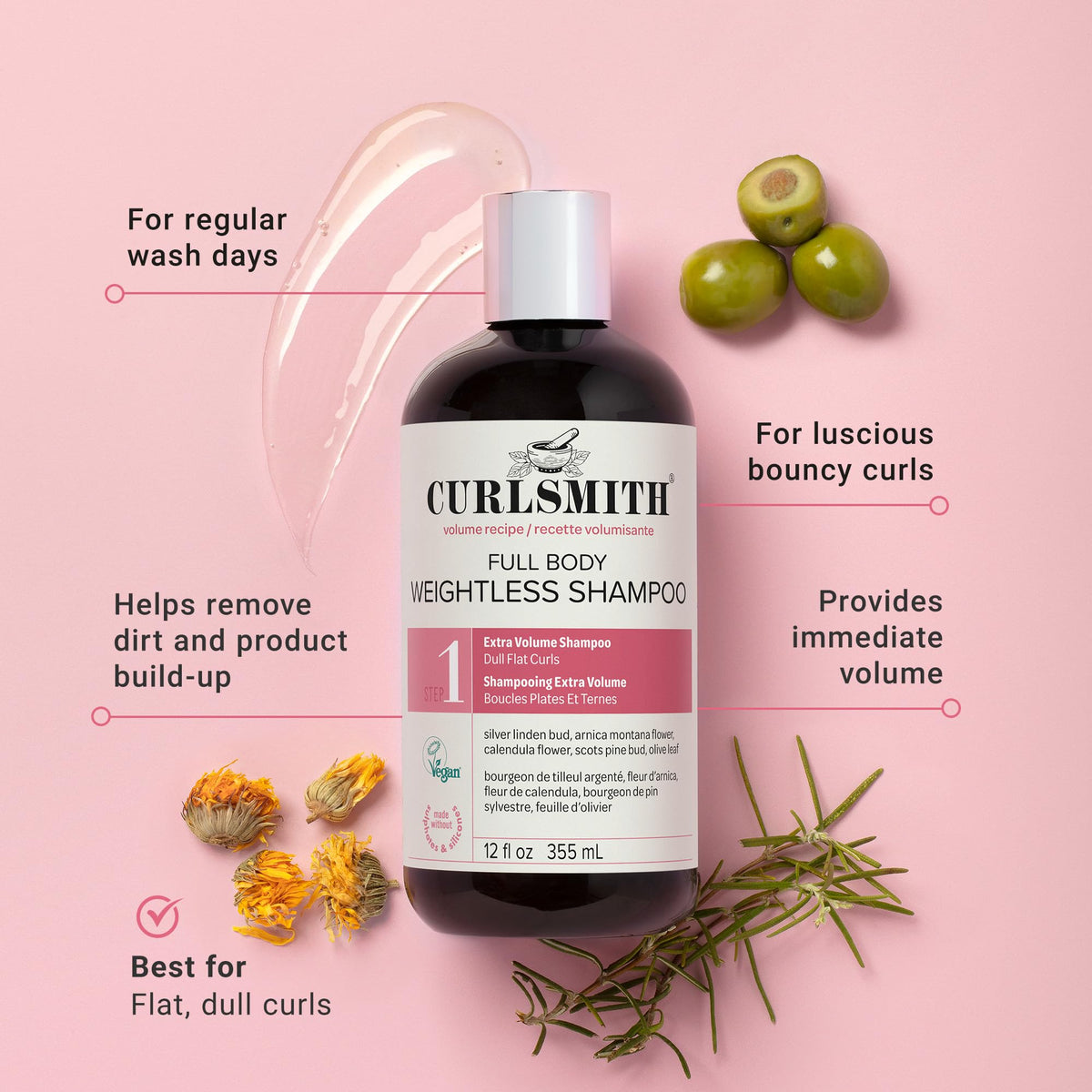 CURLSMITH pump and label detail highlighting product claims and size