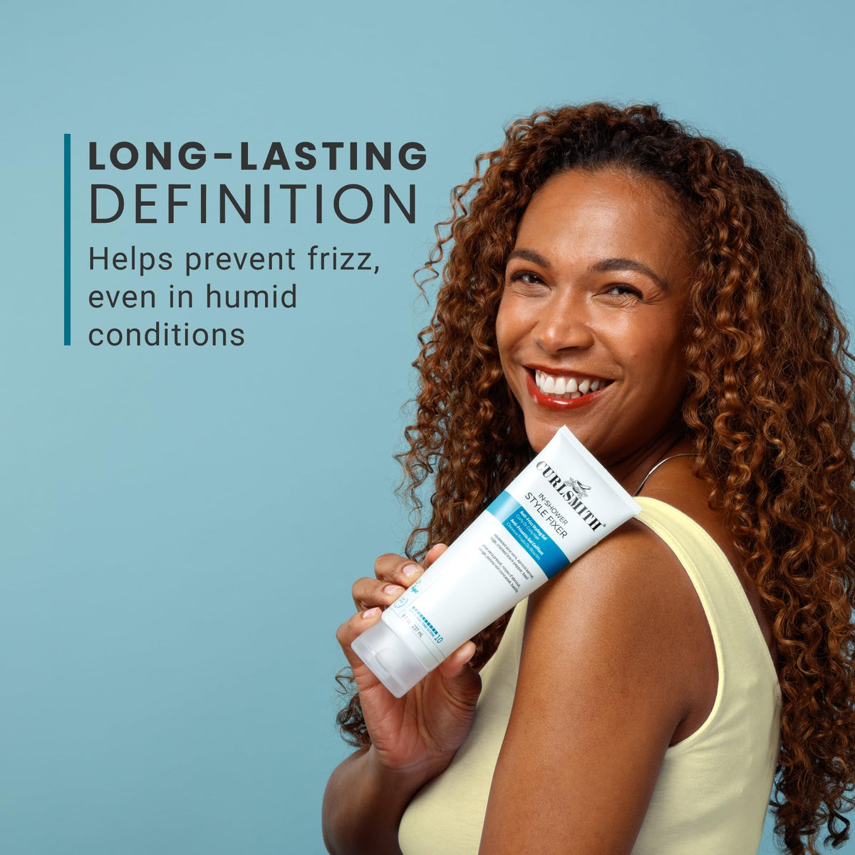 CURLSMITH gel being applied to wet curls for even distribution and hold