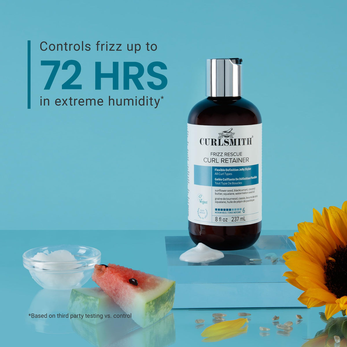 CURLSMITH tri-oil ingredients displayed to show shine and protection