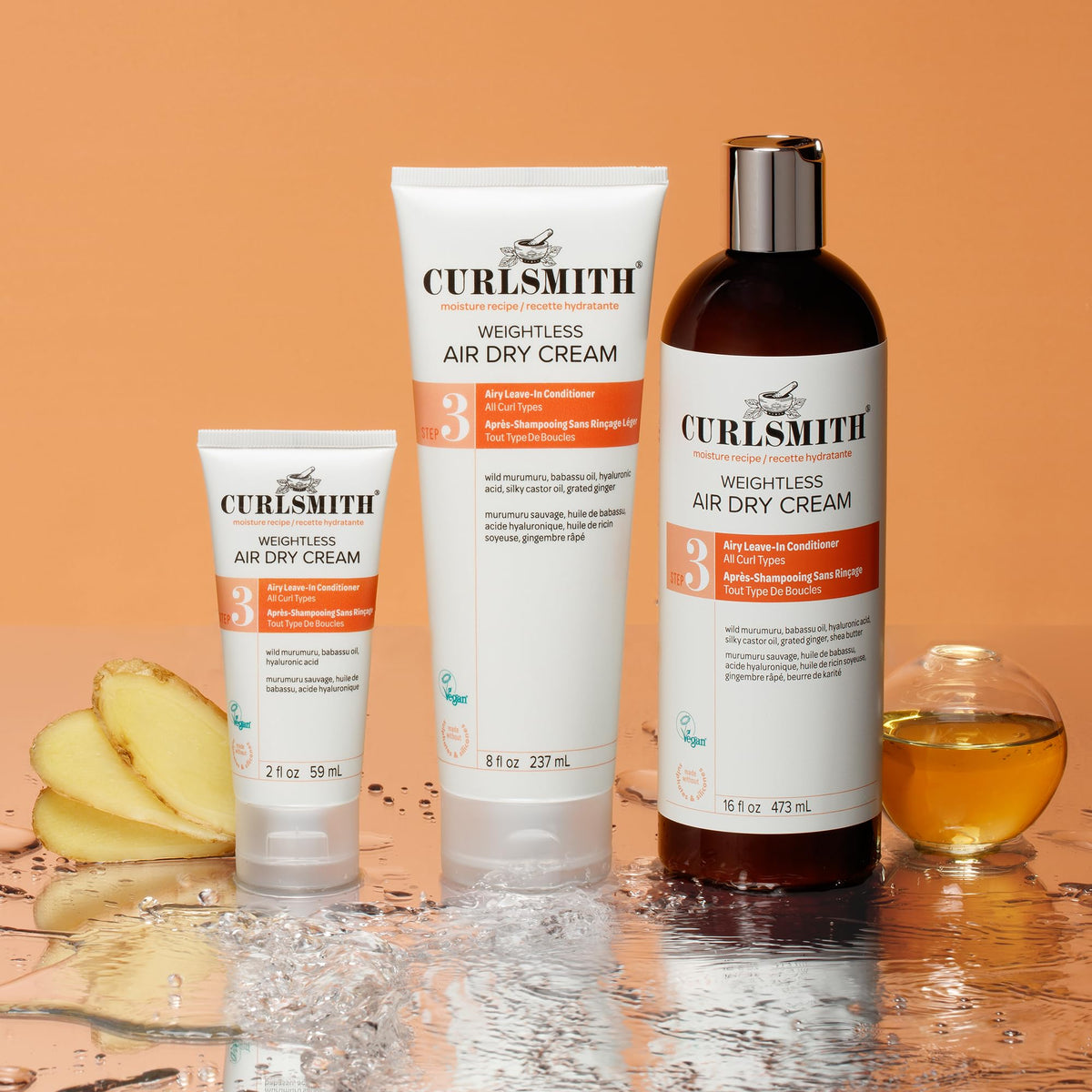 CURLSMITH product label with vegan and cruelty-free certifications visible