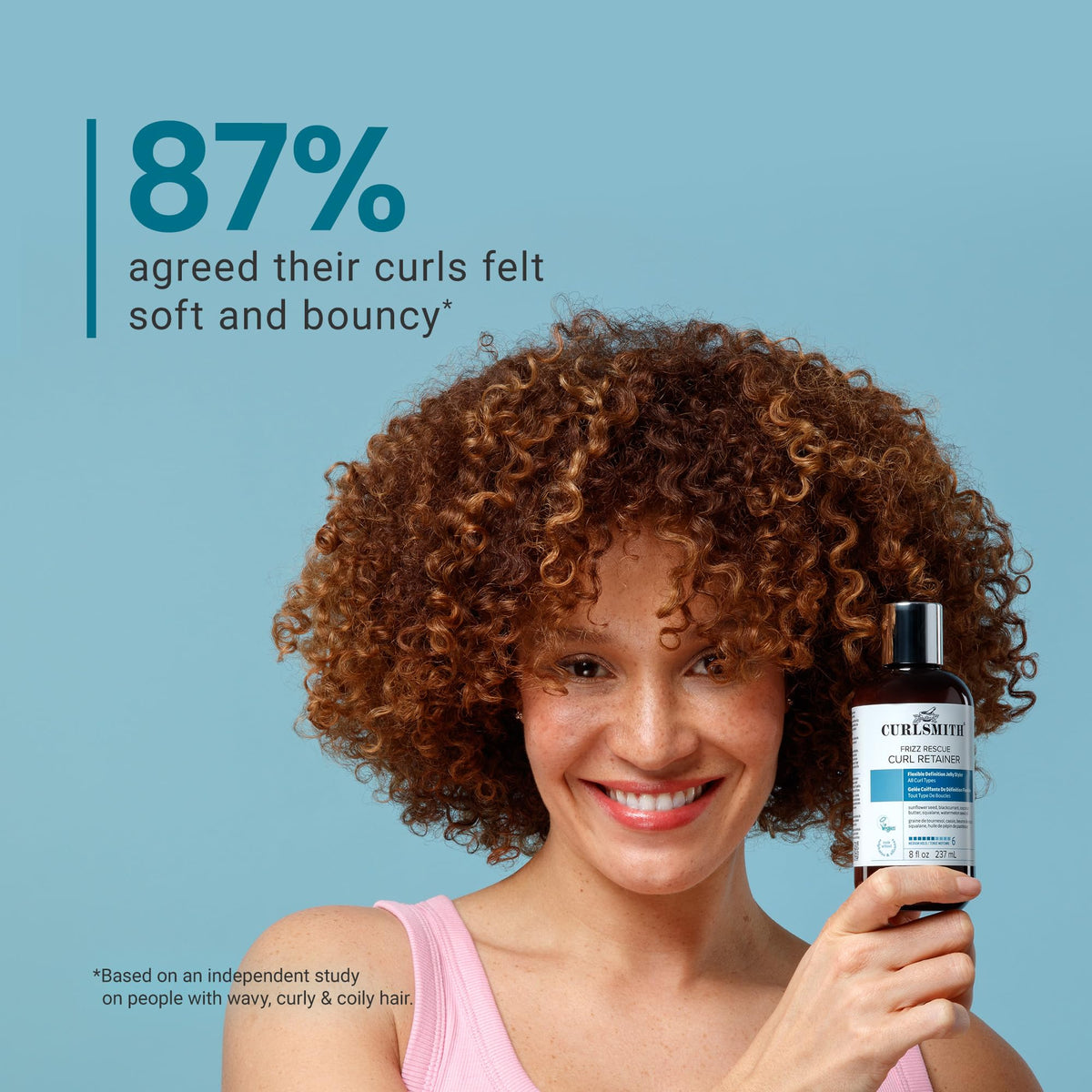 CURLSMITH product label with vegan and cruelty-free certifications visible